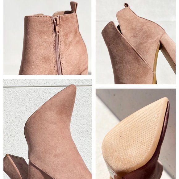 NEW Pointy Toe Geometric Triangle Block Heel Cutout Side Suede Ankle Bootie Boot - Picture 8 of 13